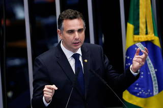 Senator Rodrigo Pacheco speaks during a senate session to elect the president of the Brazilian Senate in Brasilia