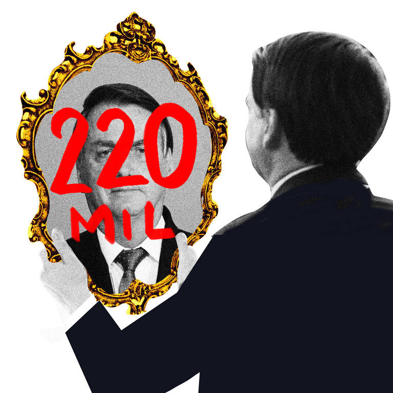Ilustração mostra Bolsonaro olhando para um espelho, que reflete seu rosto e, em vermelho, o número "220 mil"