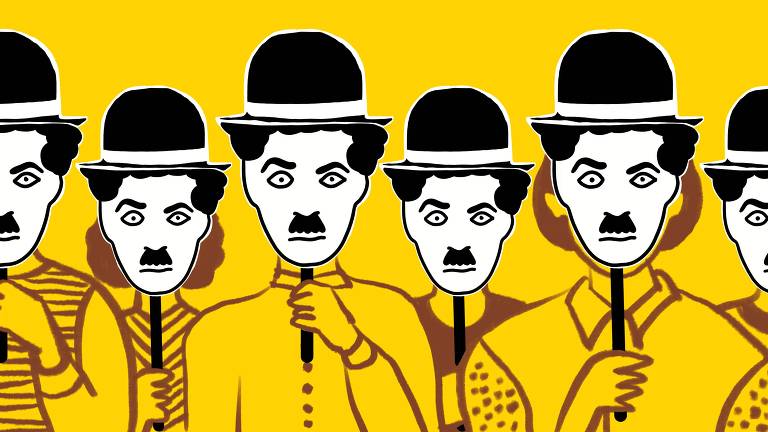 várias pessoas cobrem seus rostos com máscaras de Carlitos, personagem icônico de Charles Chaplin
