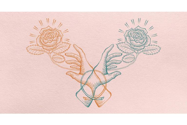 Ilustração de duas mãos espelhadas, tentando alcançar duas flores, também espelhadas. Um conjunto de mão e flor é laranja e o outro azul, sob fundo rosa