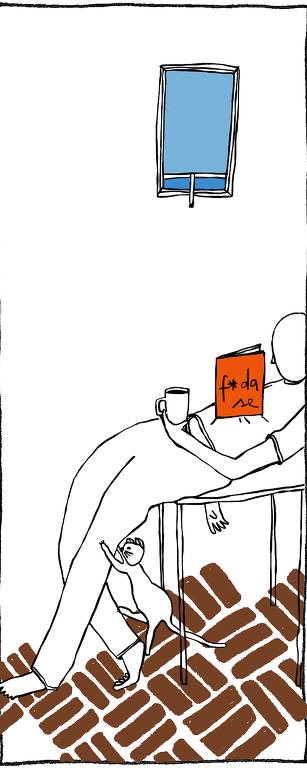 pessoa sentada em cadeira com xícara na mão e equilibra livro com capa estampando a expressão 'foda-se'