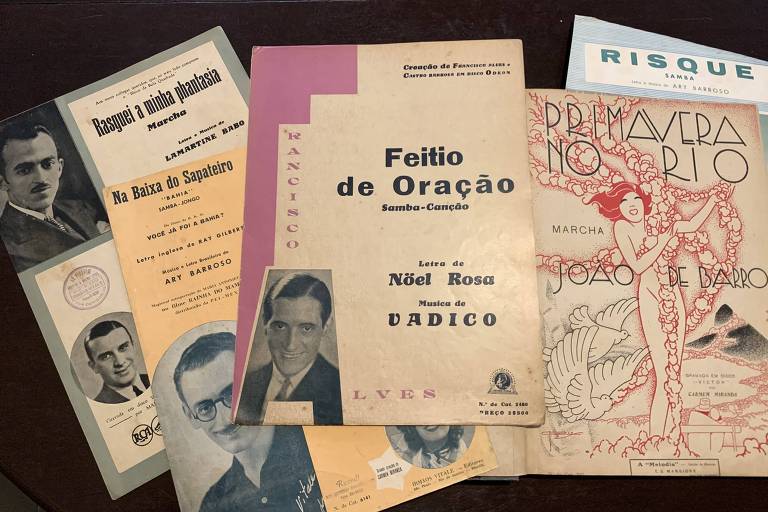 Partituras de sambas e marchas clássicos de Lamartine Babo, Ary Barroso e João de Barro, sozinhos, e de Noel Rosa com Vadico 