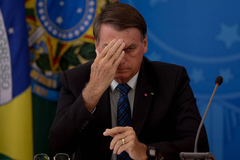 O presidente Jair Bolsonaro em coletiva no Palácio do Planalto