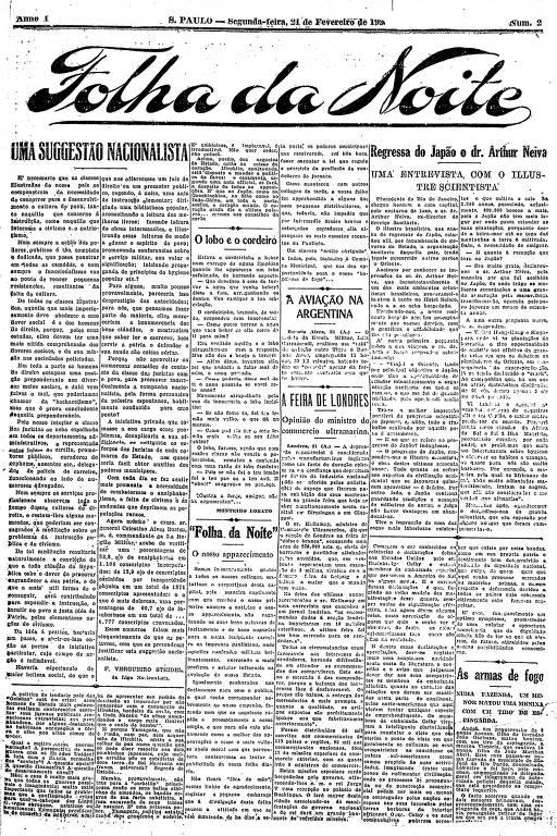 Primeira Página da Folha da Noite de 21 de fevereiro de 1921