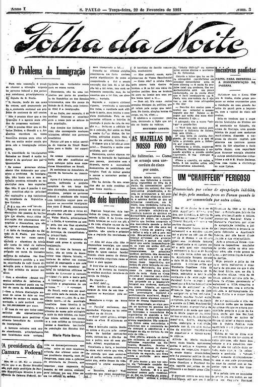 Primeira Página da Folha da Noite de 22 de fevereiro de 1921