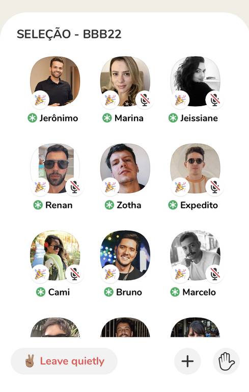 Sala do Clubhouse sobre o Big Brother Brasil 21. Algumas salas só permitem que usuários participem como ouvintes.