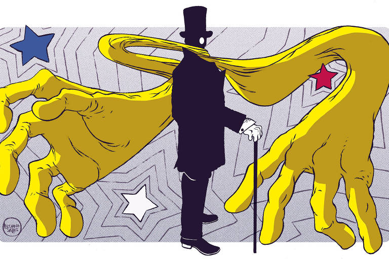 Desenho mostra silhueta masculina que usa uma cartola e bengala. A pessoa em questão está sendo enforcada por mãos enormes e amarelas