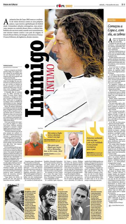 Página da Folha no dia 1º de junho de 2002, com a coluna de Tostão sobre a abertura da Copa do Mundo