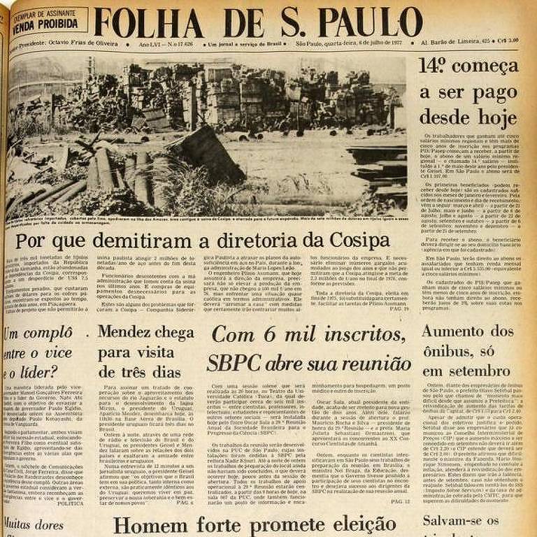 Primeira página Folha em 6.jul.1977