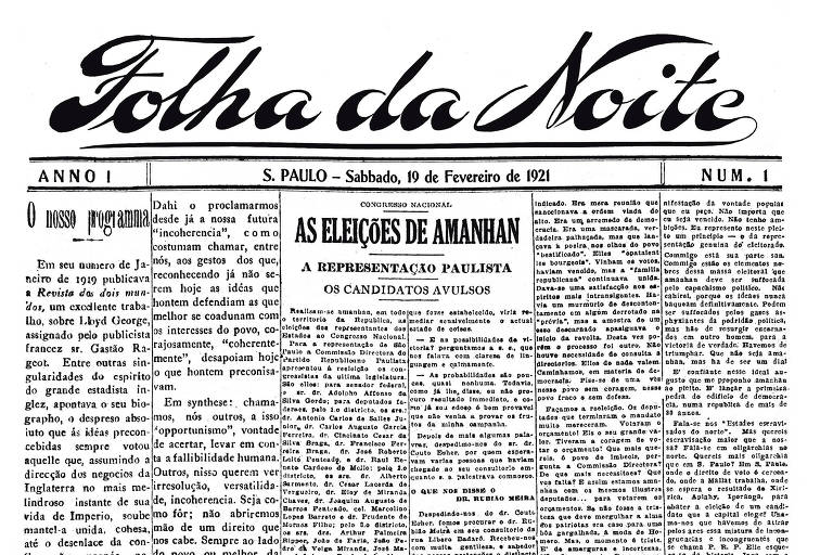  Primeira página da primeira edição do jornal Folha da Noite de 19 de fevereiro de 1921, atualmente conhecido como Folha de S.Paulo