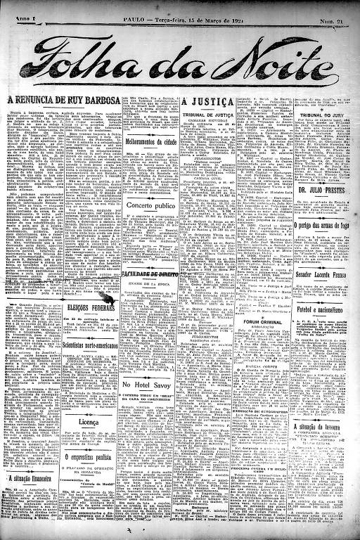 Primeira Página da Folha da Noite de 15 de março de 1921
