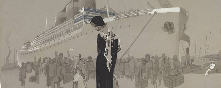 Ilustração de cores marrons mostra vultos em uma doca no porte. atrás, um navio com grandes chaminés 