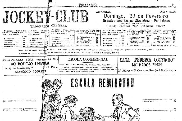 Reprodução da primeira edição da Folha da Noite, de 19 de fevereiro de 1921, que trazia a programação das corridas de cavalo