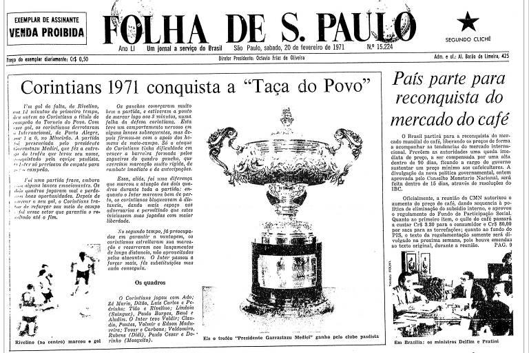 Reprodução da Folha de S.Paulo de 20 de fevereiro de 1971, que abordava a conquista do Corinthians no Torneio do Povo