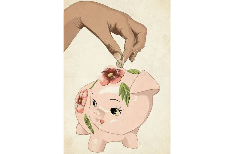 Ilustração de mão colocando moeda em cofre de porquinho