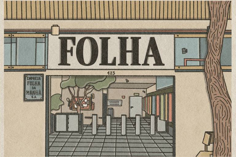 Ilustração da fachada da Folha, na alameda Barão de Limeira, 425