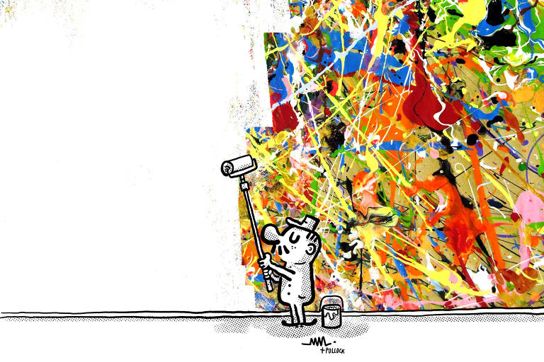 Ilustração de uma pessoa passando tinta branca sobre um mural colorido