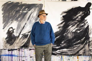 Lawrence Ferlinghetti stands between two recent paintings, â??Ã?ÃºVoyager #1â??Ã?Ã¹ and â??Ã?ÃºVoyager #2â??Ã?Ã¹  at his studio.