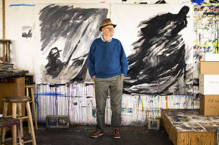 Lawrence Ferlinghetti stands between two recent paintings, ÄúVoyager #1Äù and ÄúVoyager #2Äù  at his studio. (Brian Flaherty/The New York Times)