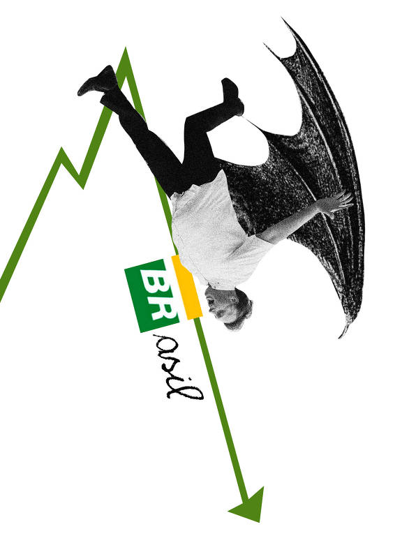 O presidente Bolsonaro, com asas de morcego, despenca junto a uma linha de gráfico representando as ações da Petrobras