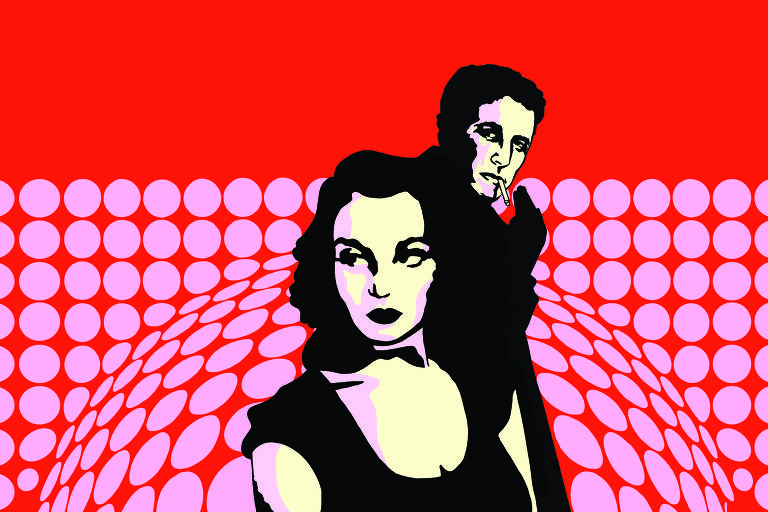 mulher e homem em desenho preto e branco e em plano americano com fundo vermelho com bolas rosas