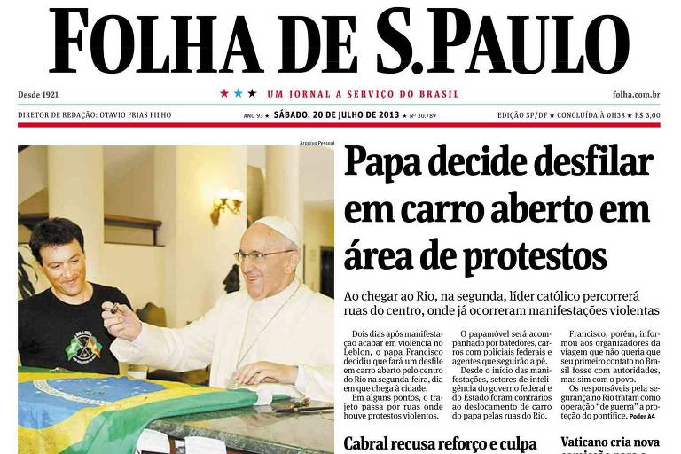 Capa da Folha do dia 20 de julho de 2013, em que leitor aparece ao lado do Papa Francisco