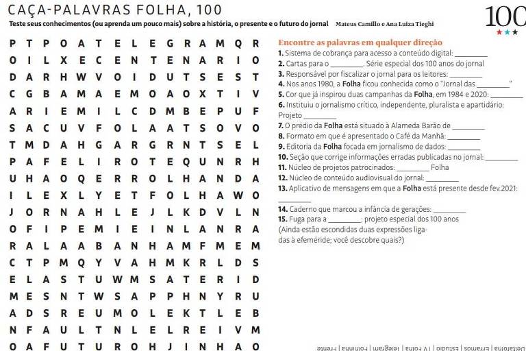 Baixe e imprima caça-palavras sobre a história da Folha - 27/02/2021 -  Folha 100 anos - Folha