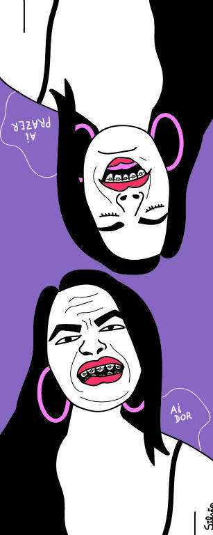 ilustração de uma mesma mulher de argolas e batom rosa e aparelho nos dentes, espelhada como numa carta de tarô; acima, ela ri e diz 'ai, prazer'; abaixo, ela faz careta e diz 'ai, dor'