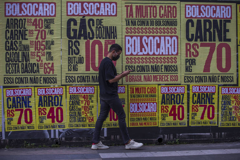 Cartazes na avenida Paulista com críticas aos preços dos alimentos