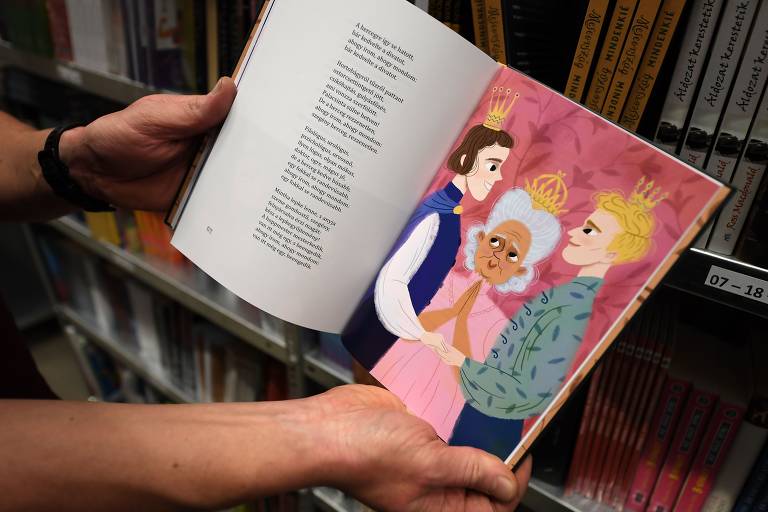 Ilustração em livro infantil mostra dois príncipes dando as mãos, observados por uma princesa