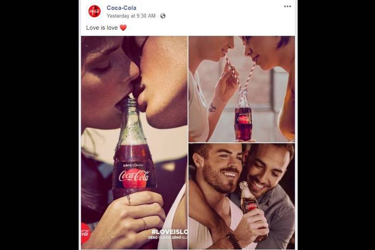 Fotos mostram casais homossexuais se beijando e se abraçando enquanto seguram garrafas de Coca-Cola