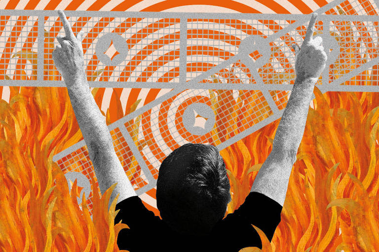 ilustração de homem que ergue as mãos para os braços para o alto em meio ao fogo