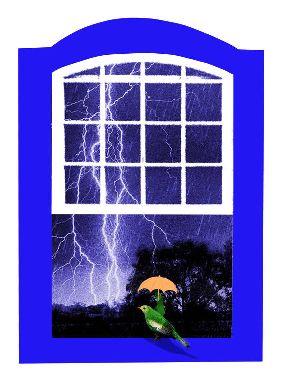 Ilustração de um passarinho segurando um guarda-chuva numa janela aberta. Do lado de fora, há uma tempestade com raios e o céu bem escuro