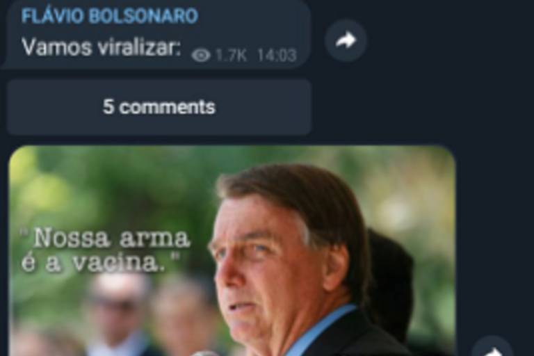 Senador Flávio Bolsonaro pediu a seguidores para compartilharem imagem do presidente defendendo a vacinação