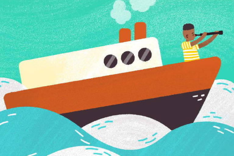 Página de livro com a ilustração de um menino dentro de um barco navegando em alto mar