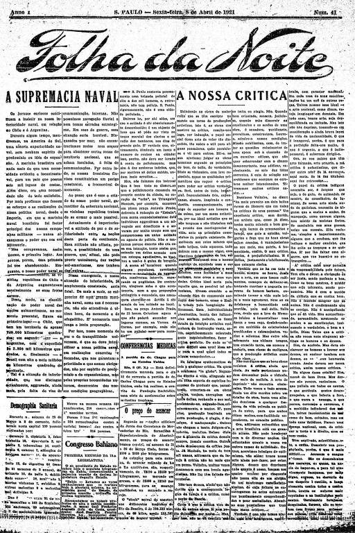 Primeira Página da Folha da Noite de 8 de abril de 1921