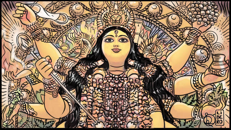 Ilustração de Shakti, deusa do hinduísmo. Ela usa vários adornos e tem longos cabelos pretos e vários braços, cada um segurando uma coisa. Em uma das mãos, ela está segurando uma máscara