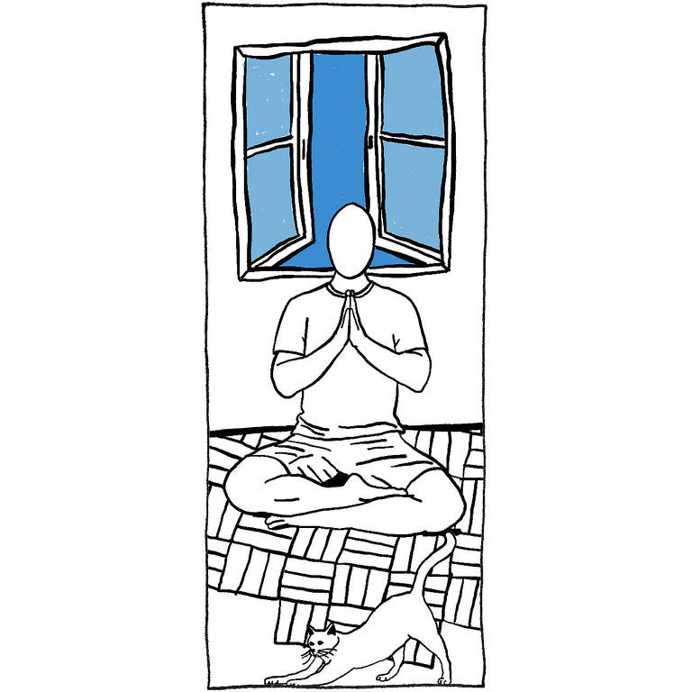 Ilustração de uma pessoa sentada no chão na frente de uma janela. Ela está com as palmas das mãos juntas na frente do peito e as pernas cruzadas, como se estivesse meditando. Um gato está na frente da pessoa