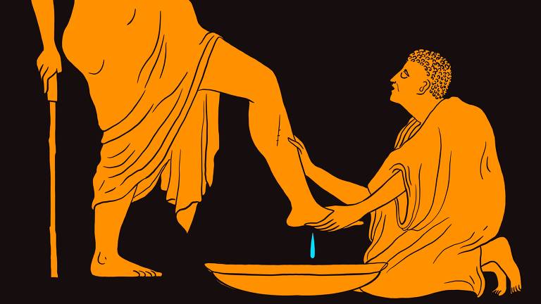 serviçal lava os pés de amo em imagem com traços das ilustrações da Grécia Antiga