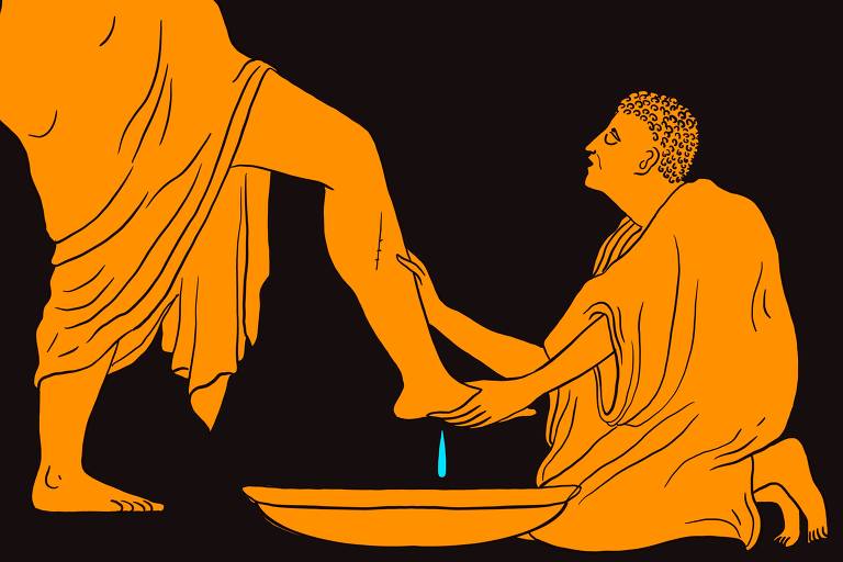 serviçal lava os pés de amo em imagem com traços das ilustrações da Grécia Antiga