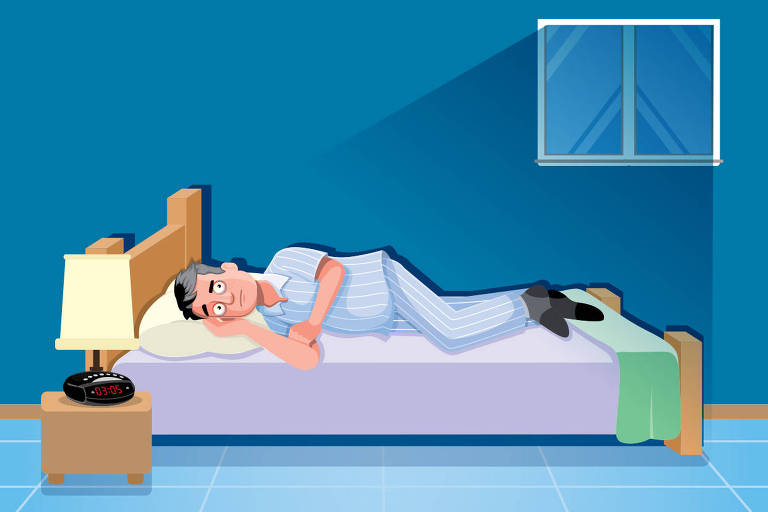 ilustração de pessoa sofrendo de insônia na cama em um quarto azul