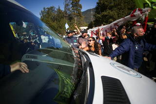 Argentina's President Alberto Fernandez arrives to Lago Puelo to monitor the lands that were ravaged by fires, in the province of Chubut