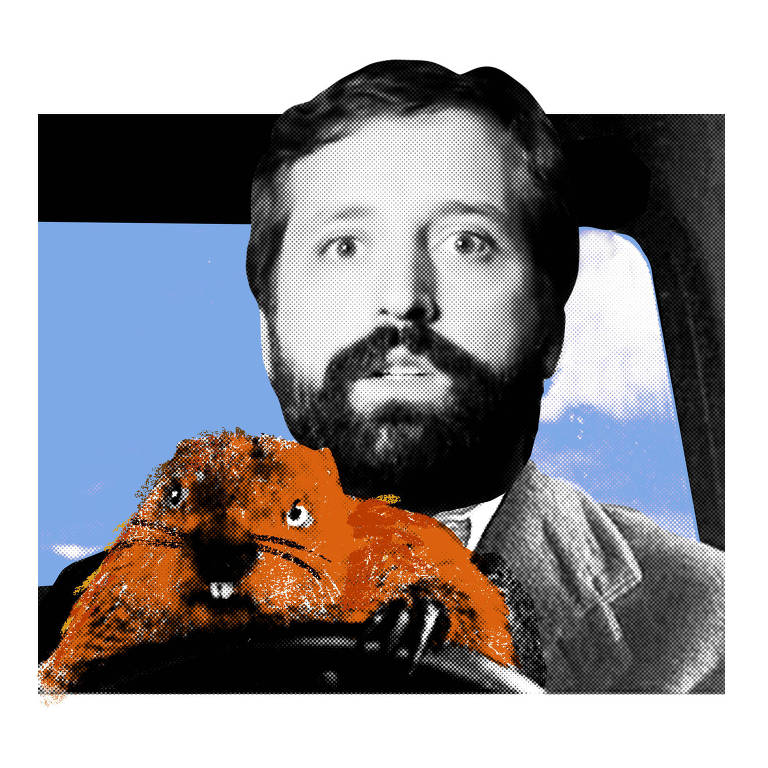 Colagem com foto de Gregorio Duvivier no banco do motorista de um carro com uma marmota controlando o volante