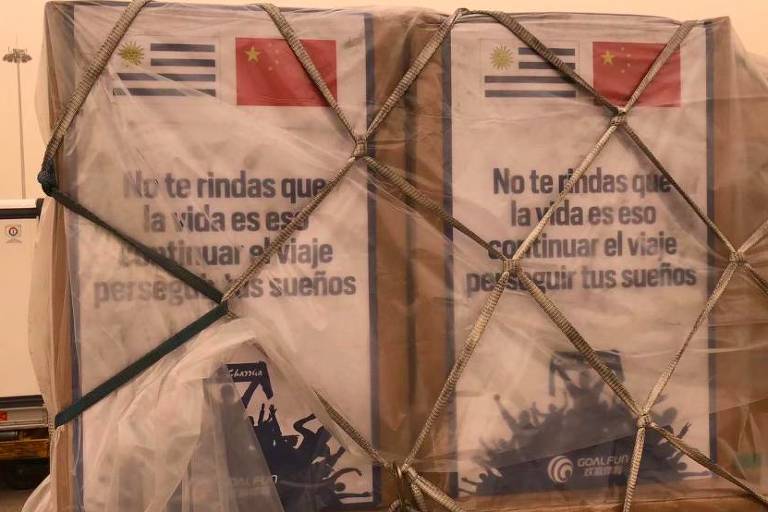 Carregamento de máscaras de uso médico doadas por empresa chinesa ao Uruguai