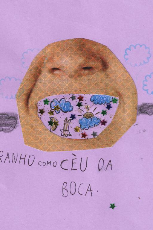 Colagem de foto de uma boca com desenhos dentro dela, em fundo roxo, com a inscrição "Estranho como céu da boca"