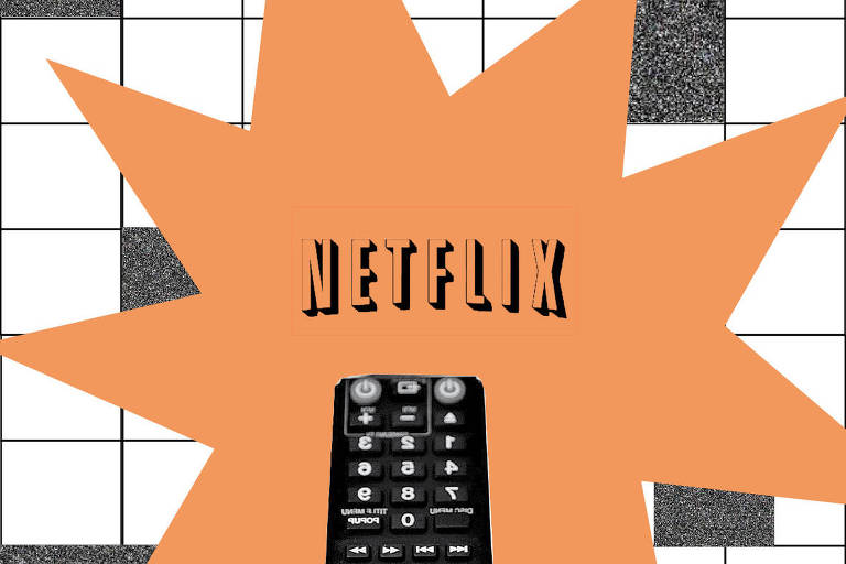 colagem com controle remoto apontado para a logo da Netflix