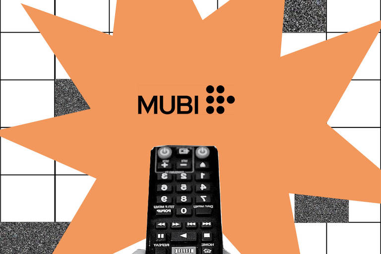 colagem com controle remoto apontado para a logo do Mubi