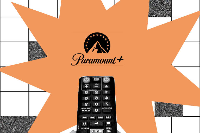 colagem com controle remoto apontado para a logo da Paramount +