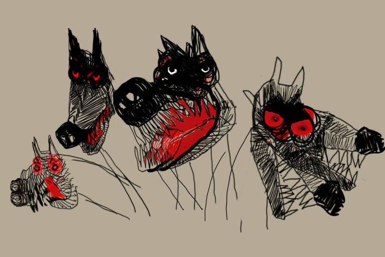 Um desenho de quatro lobos com bocas e olhos abertos com traços pretos e vermelhos sobre um fundo bege
