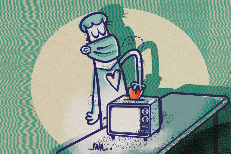 Ilustração de uma pessoa com touca e máscara colocando um coração dentro de uma TV que está em uma maca. A pessoa tem um buraco no peito com o mesmo formato do coração.